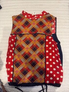 Anthropologie Red Plaid & Polka Dot Sleeveless Blouse